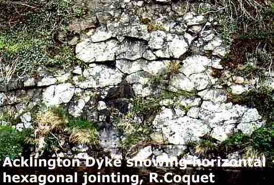 Description: Description: Description: Description: Description: Tertiary Acklington Dyke, River Coquet, Cheviot Hills, Northumberland. Being a dyke, the cooling joints are horizontal.